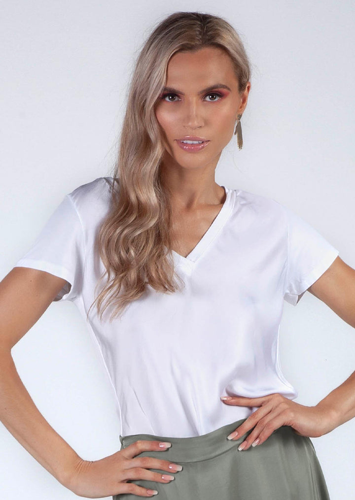 P17738 Aysha V-neck Short Sleeve Satin Top