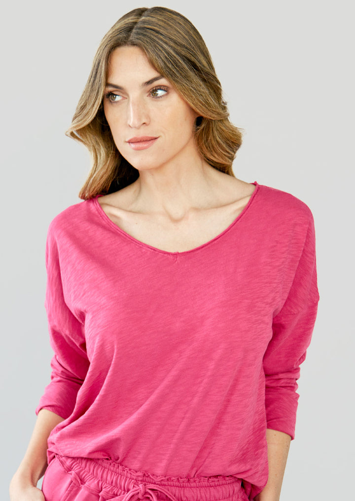 TP-088 Arabella V-Neck Long-Sleeve Slub Cotton Top
