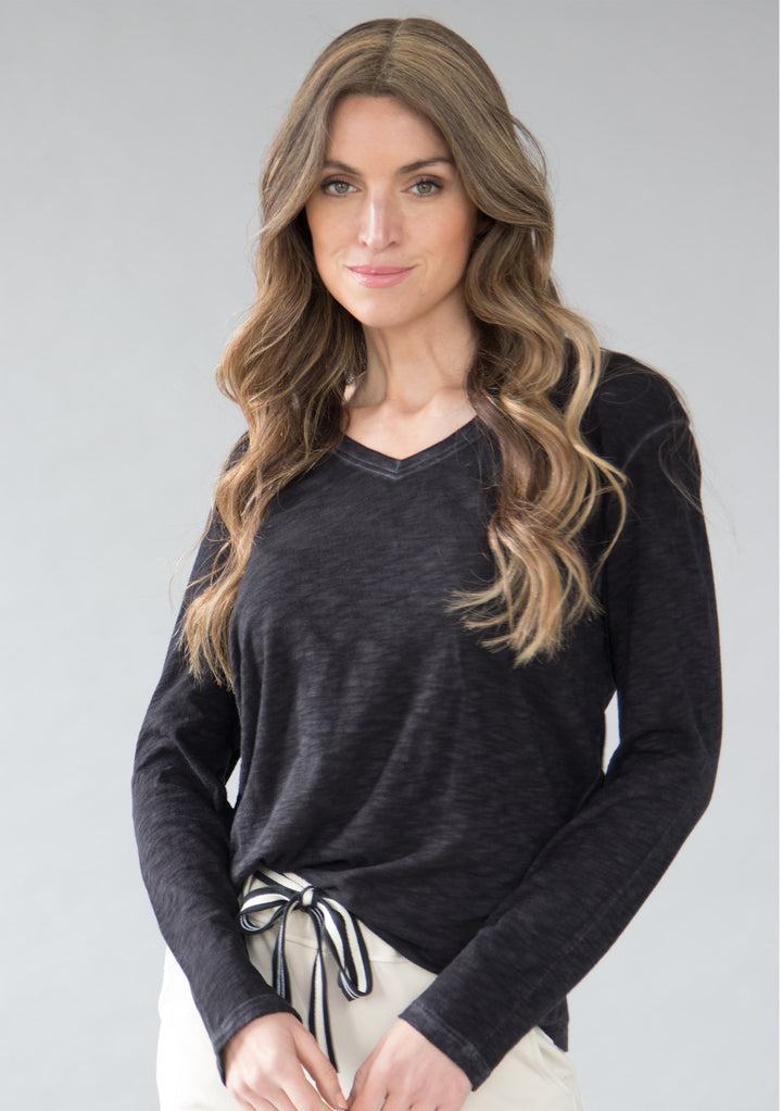 TP-312 Remi V-neck Long Sleeve Slub Cotton Top
