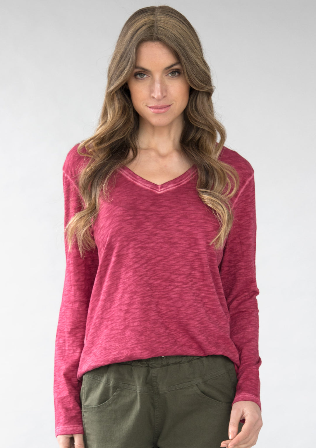 TP-312 Remi V-neck Long Sleeve Slub Cotton Top