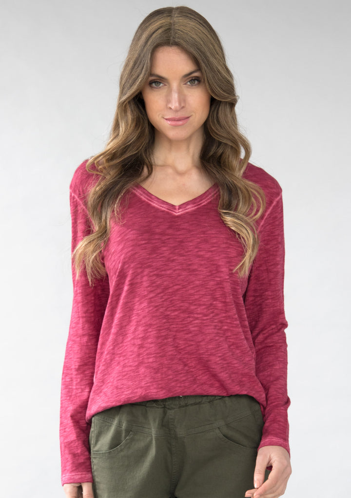 TP-312 Remi V-neck Long Sleeve Slub Cotton Top