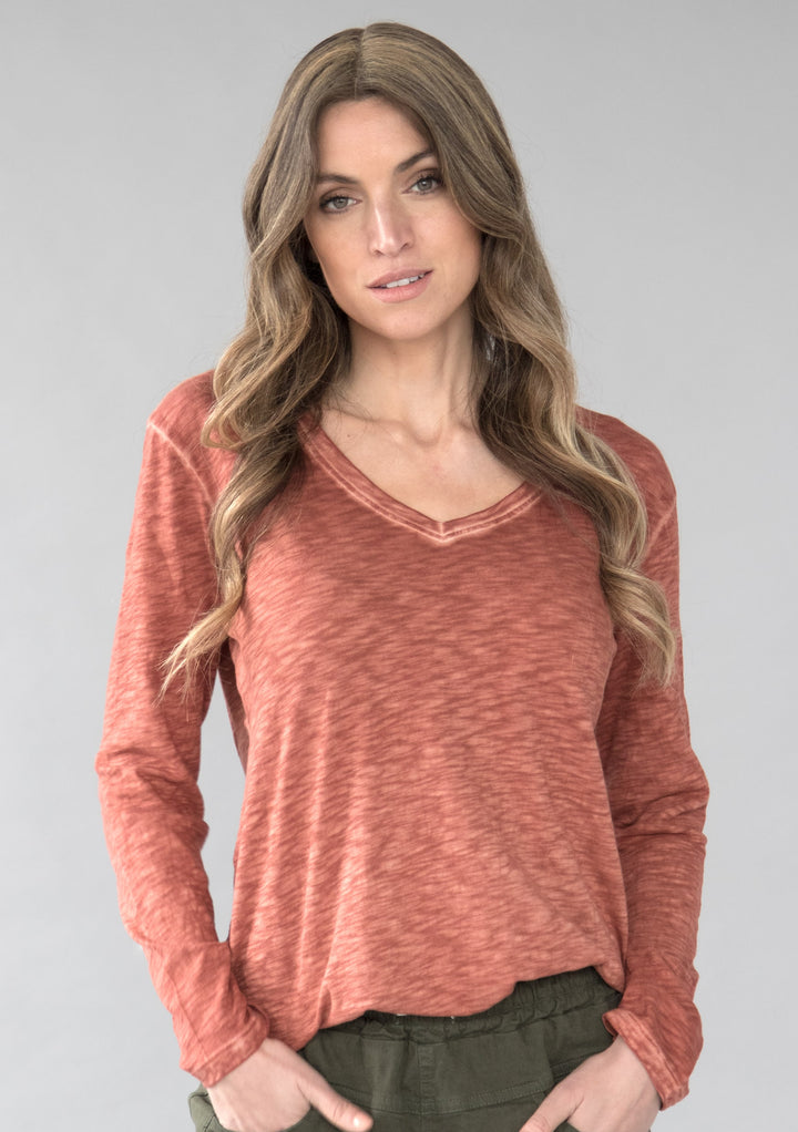 TP-312 Remi V-neck Long Sleeve Slub Cotton Top