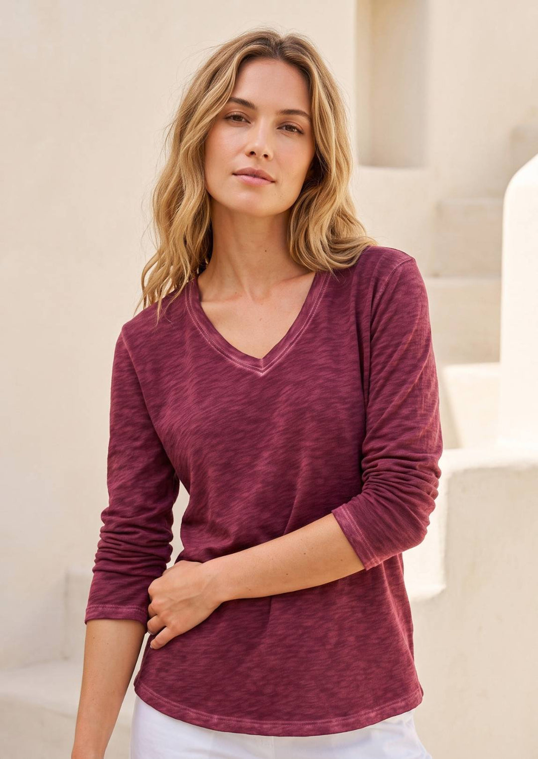 TP-312 Remi V-Neck Long-Sleeve Slub Cotton Tee