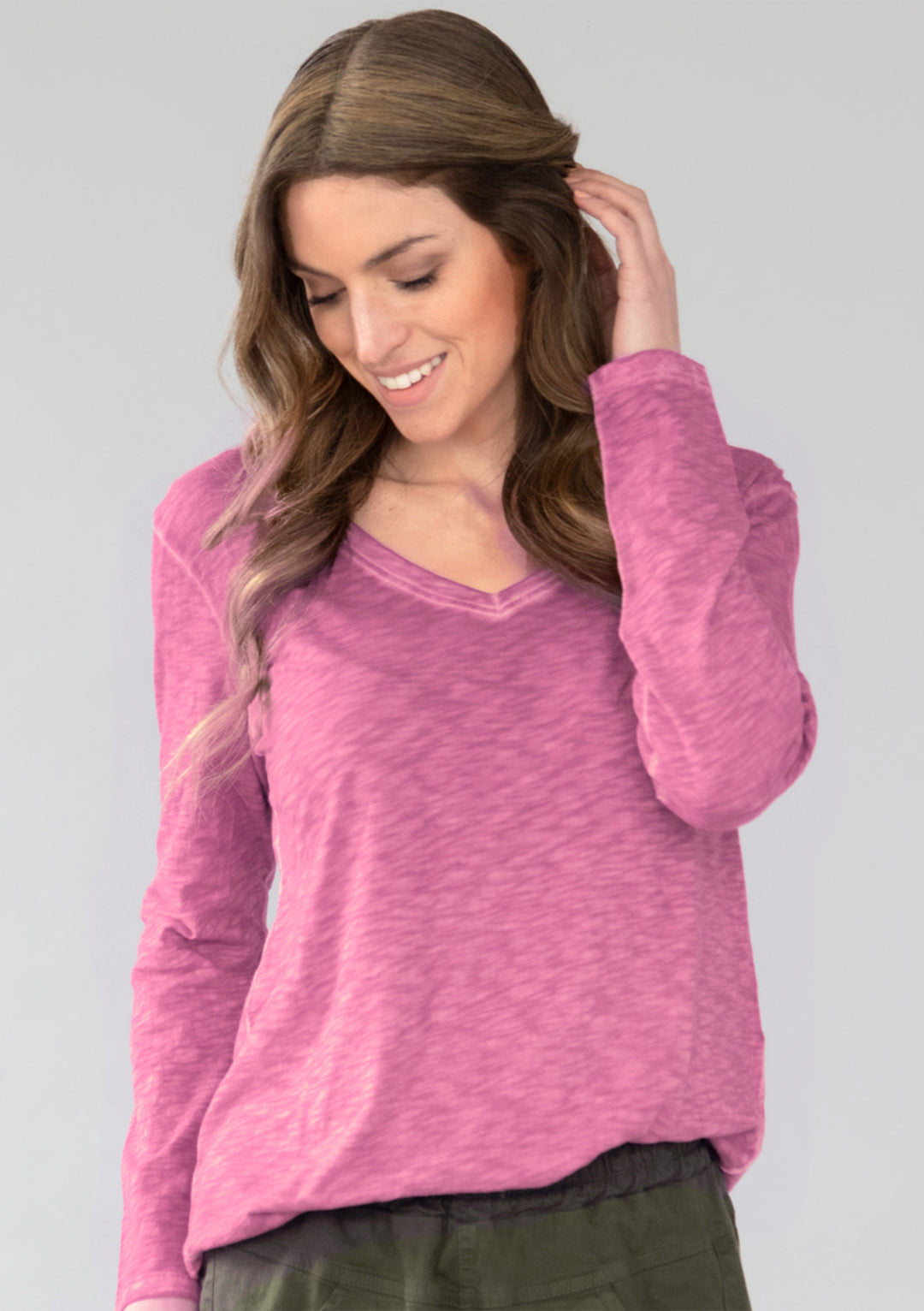 TP-312 Remi V-neck Long Sleeve Slub Cotton Top