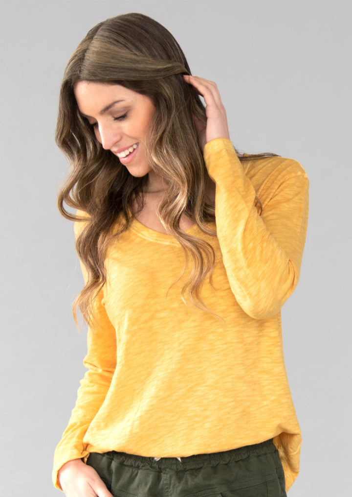 TP-312 Remi V-neck Long Sleeve Slub Cotton Top