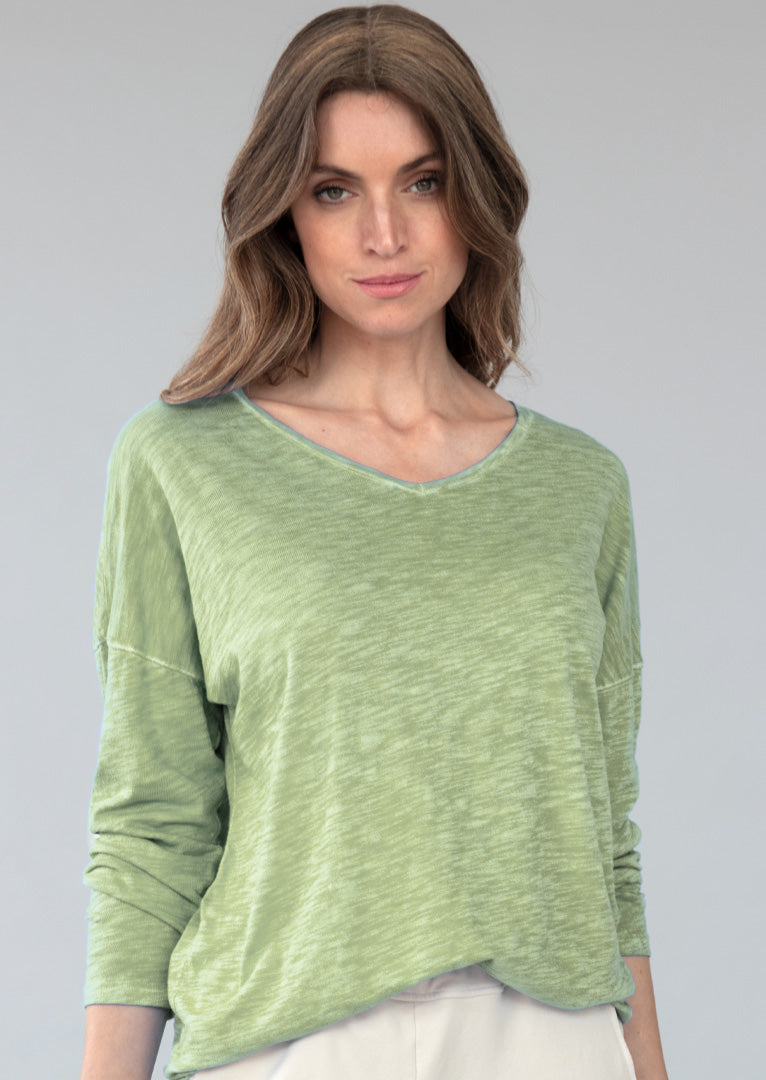 TP-088 Arabella V-Neck Long-Sleeve Slub Cotton Top