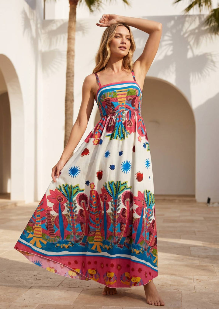 ZF355 Daisy Spaghetti Strap Printed Cotton Dress