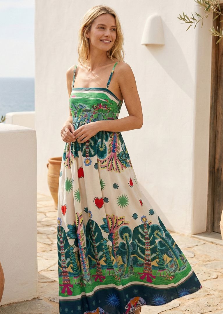 Daisy Spaghetti Strap Maxi Printed Cotton Maxi Dress
