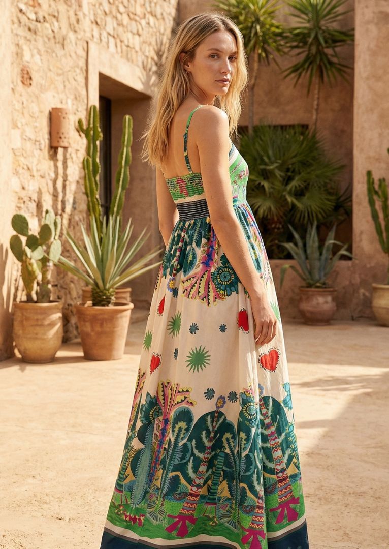 Daisy Spaghetti Strap Maxi Printed Cotton Maxi Dress