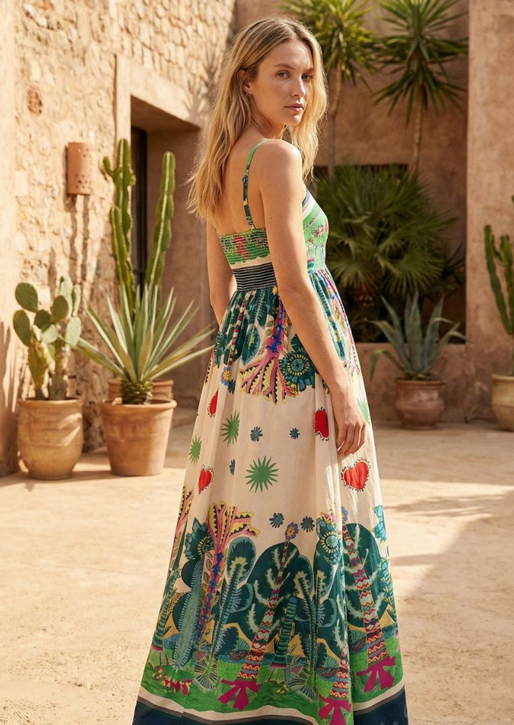 Daisy Spaghetti Strap Maxi Printed Cotton Maxi Dress