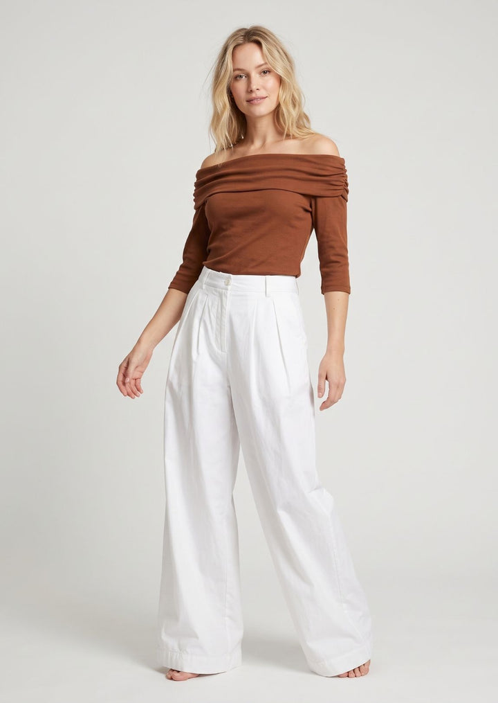 ZF455 Ellery Ruched Off-Shoulder Knit Cotton Tee