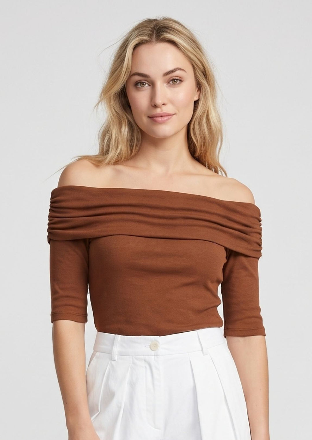 ZF455 Ellery Ruched Off-Shoulder Knit Cotton Tee