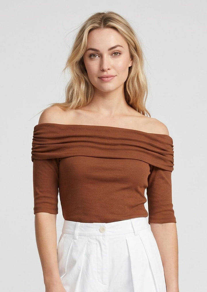 ZF455 Ellery Ruched Off-Shoulder Knit Cotton Tee