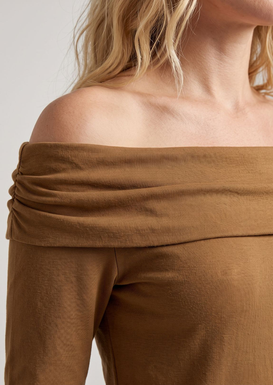 ZF455 Ellery Ruched Off-Shoulder Knit Cotton Tee