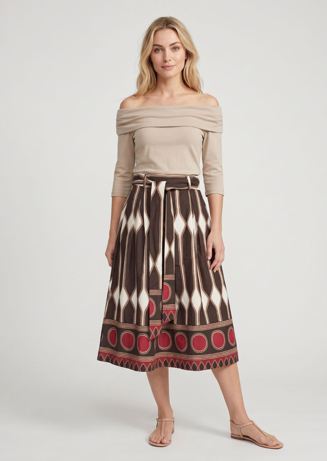 ZF458 Blythe Belted Geo-Printed Poplin Cotton Midi Skirt