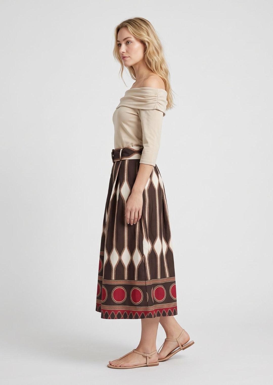 ZF458 Blythe Belted Geo-Printed Poplin Cotton Midi Skirt