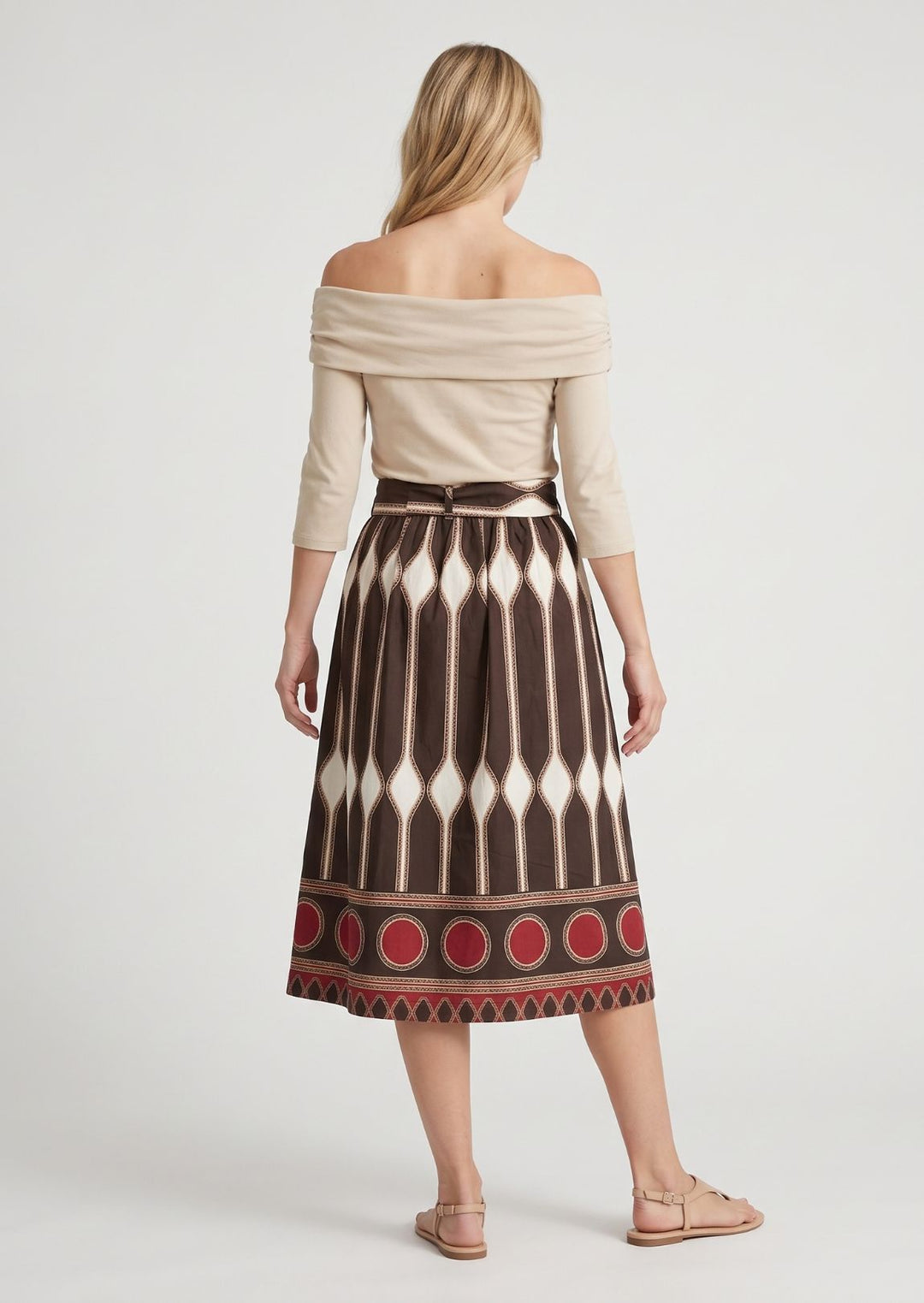 ZF458 Blythe Belted Geo-Printed Poplin Cotton Midi Skirt
