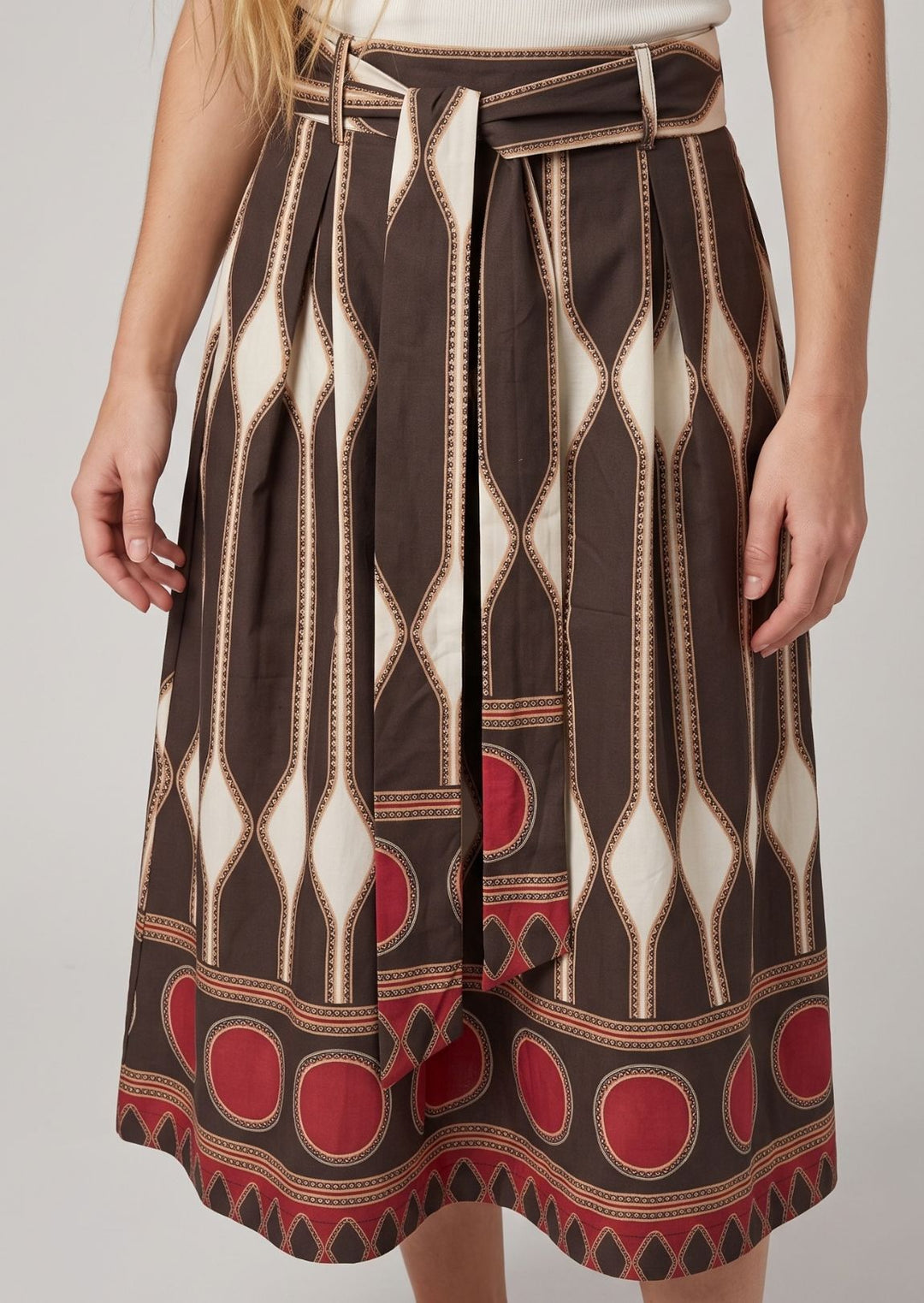 ZF458 Blythe Belted Geo-Printed Poplin Cotton Midi Skirt