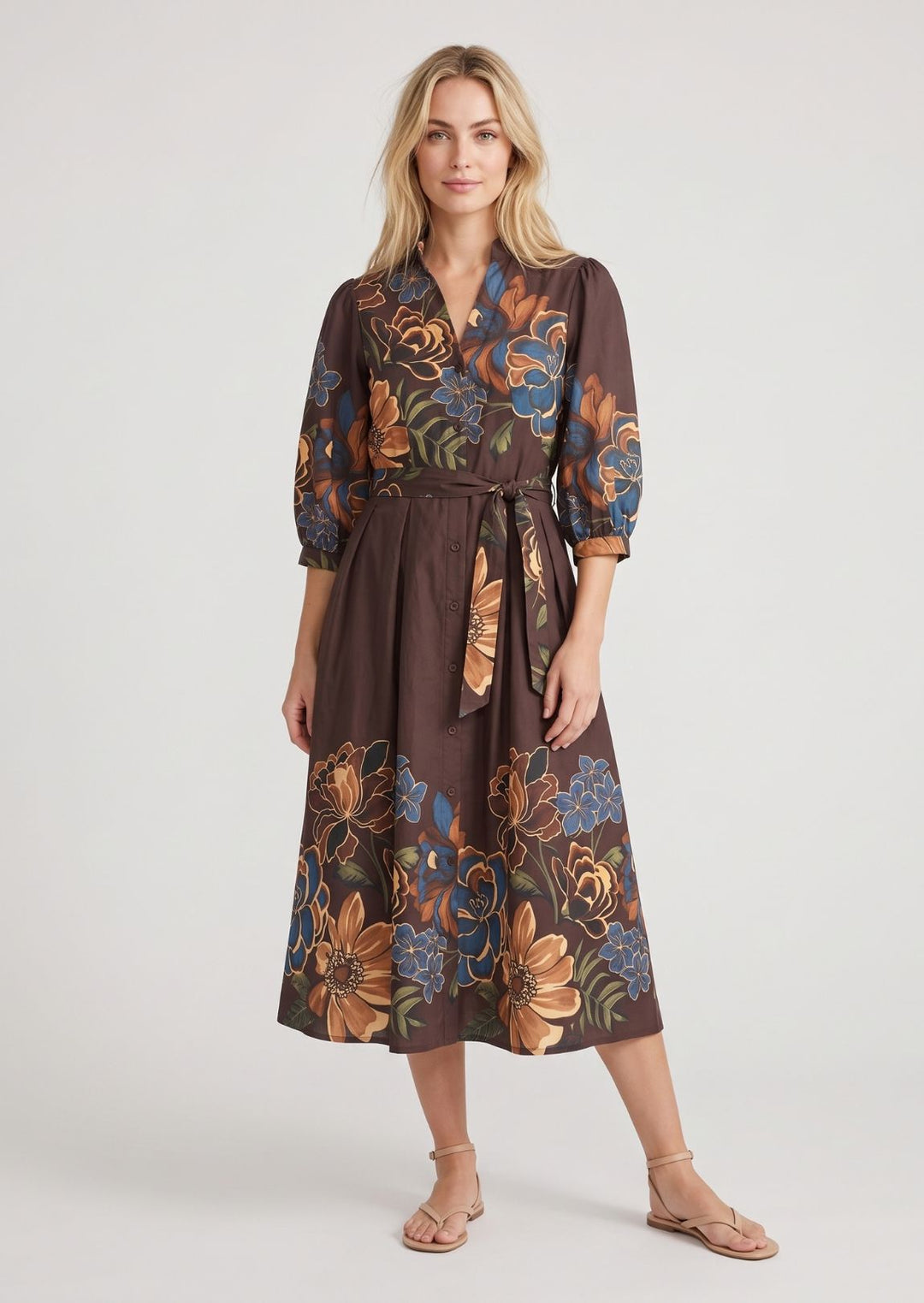ZF461 Elowen Belted Floral Printed Cotton Midi Dress
