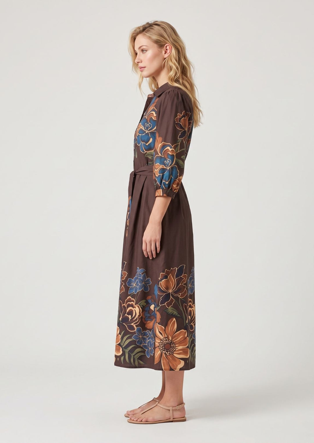 ZF461 Elowen Belted Floral Printed Cotton Midi Dress