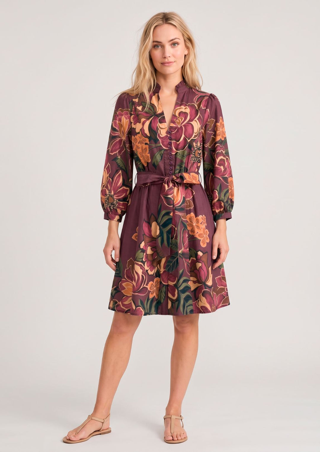 ZF462 Hadley Floral Printed Cotton Belted Dress