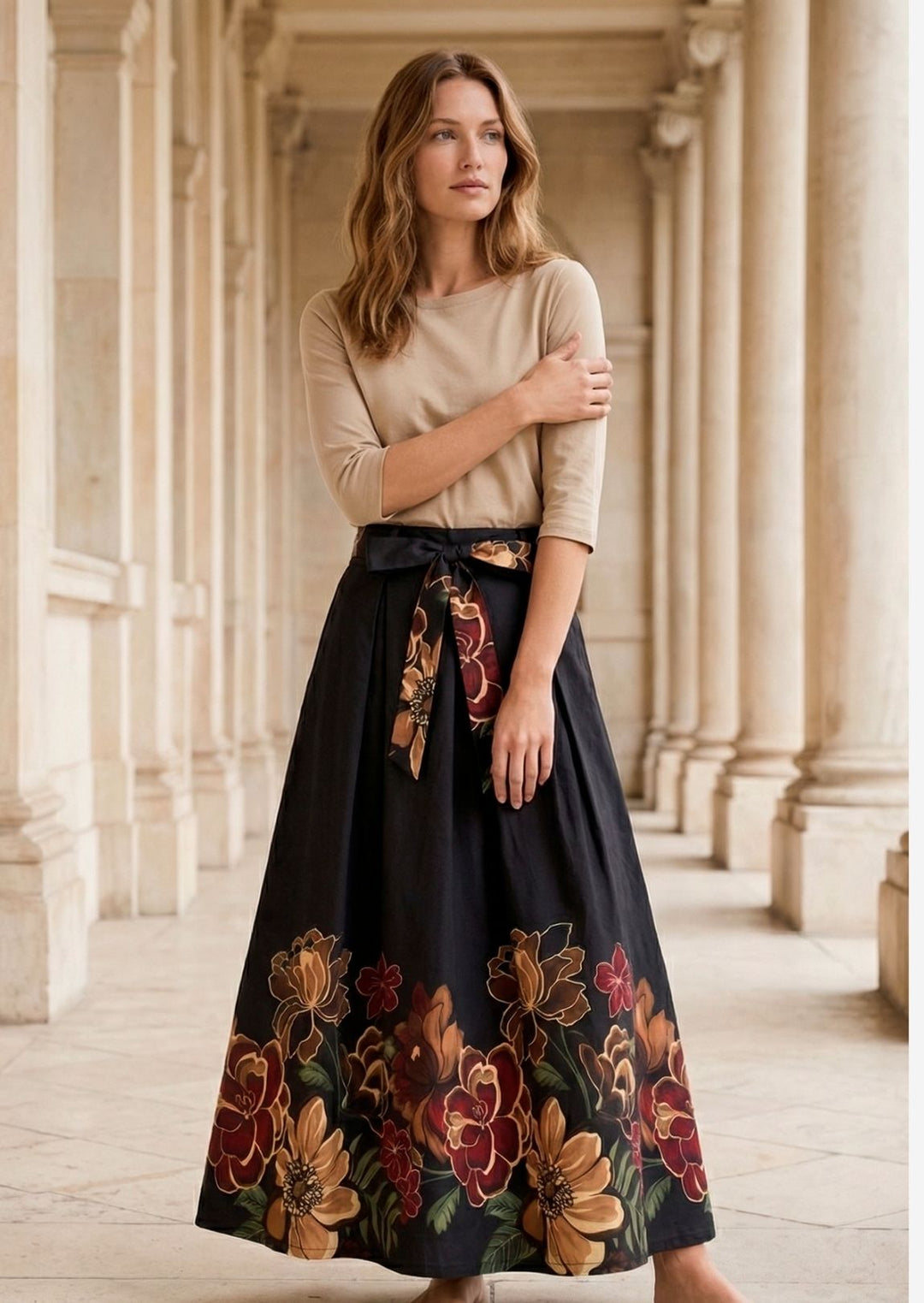 ZF469 Winslet Floral Border Printed Cotton Maxi Skirt (Pre-order)