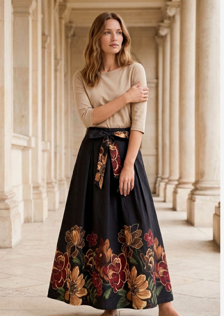 ZF469 Winslet Floral Border Printed Cotton Maxi Skirt (Pre-order)