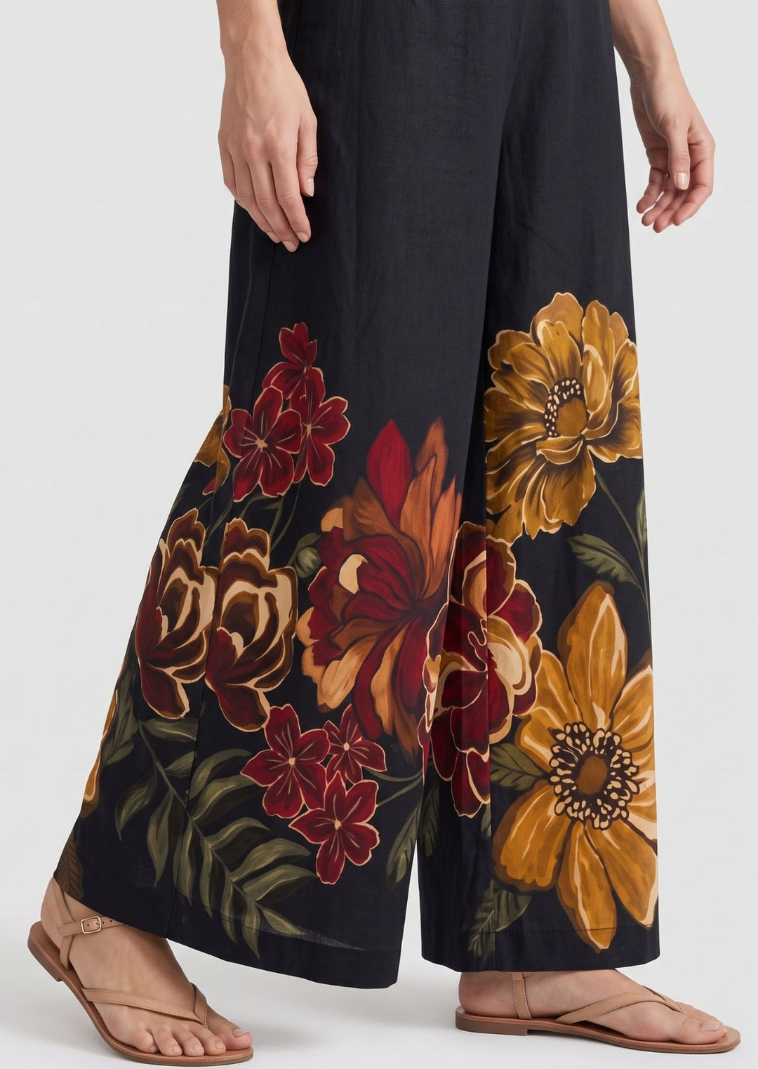 ZF472 Marlowe Floral Border Wide-Leg Printed Cotton Pants (Pre-order)
