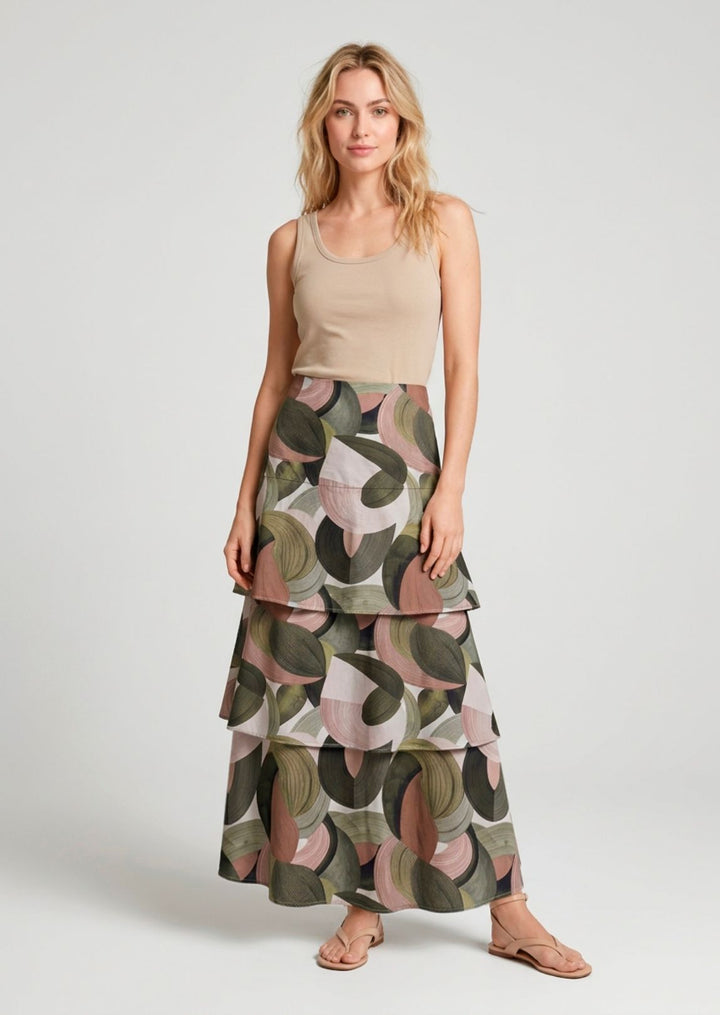 ZF491 Arabella Layered Printed Cotton Maxi Skirt