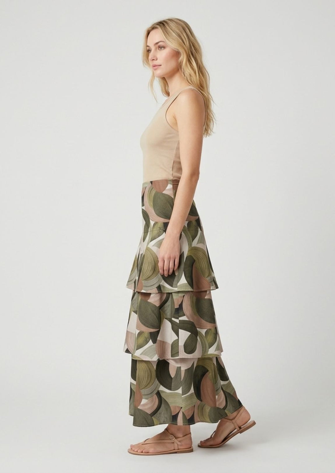 ZF491 Arabella Layered Printed Cotton Maxi Skirt