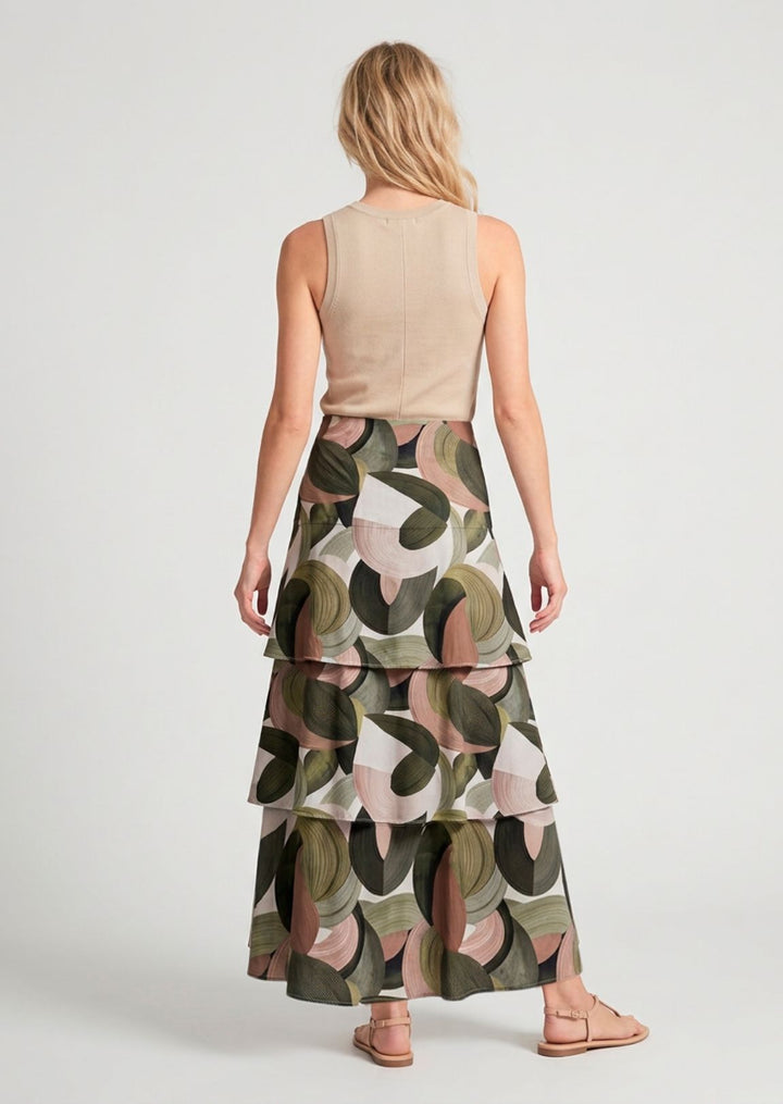 ZF491 Arabella Layered Printed Cotton Maxi Skirt