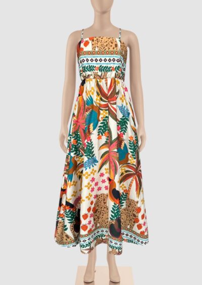 ZF243 Fiorella Printed Cotton Spaghetti Strap Maxi Dress